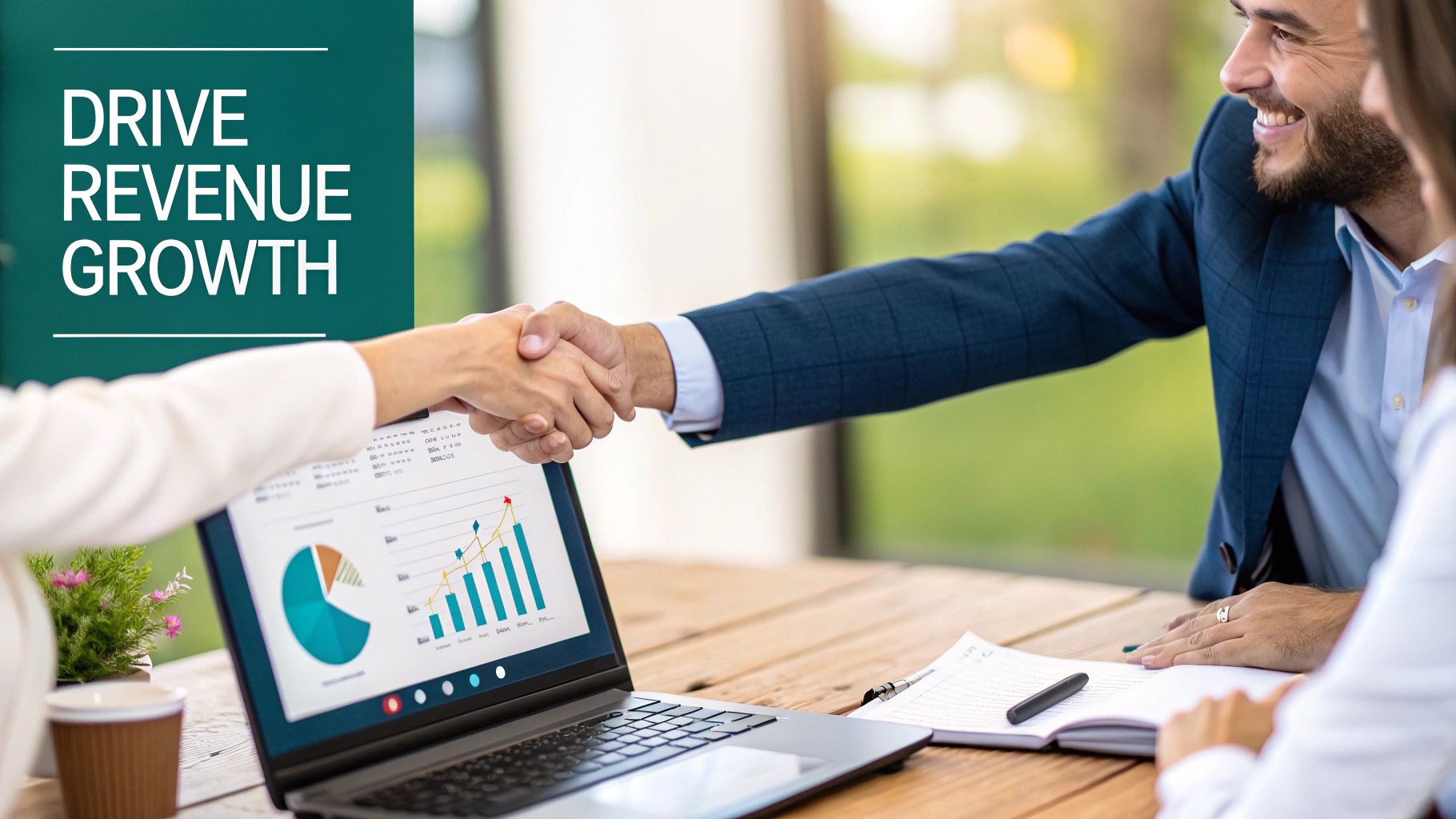 Two business professionals shake hands over a laptop displaying revenue growth charts and 'DRIVE REVENUE GROWTH' text.