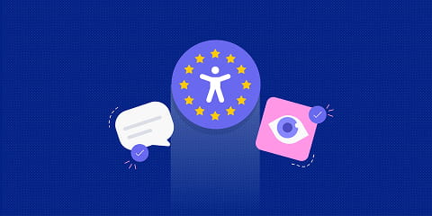 Accessibility laws in 2026: Illustration representing digital accessibility compliance, showing an accessibility symbol surrounded by stars on a podium, with speech and eye icons indicating accessible communication and visual content.