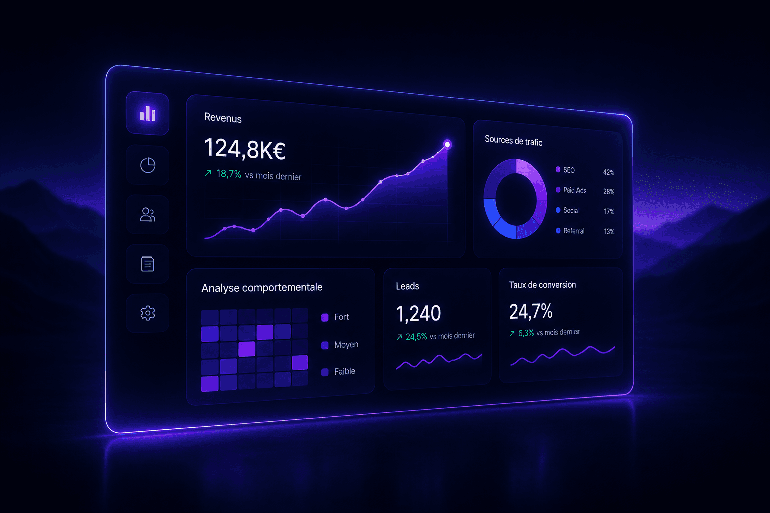 Dashboard card showing daily draft output of 1,240 for the current week, with a bar chart and a 14% growth indicator.