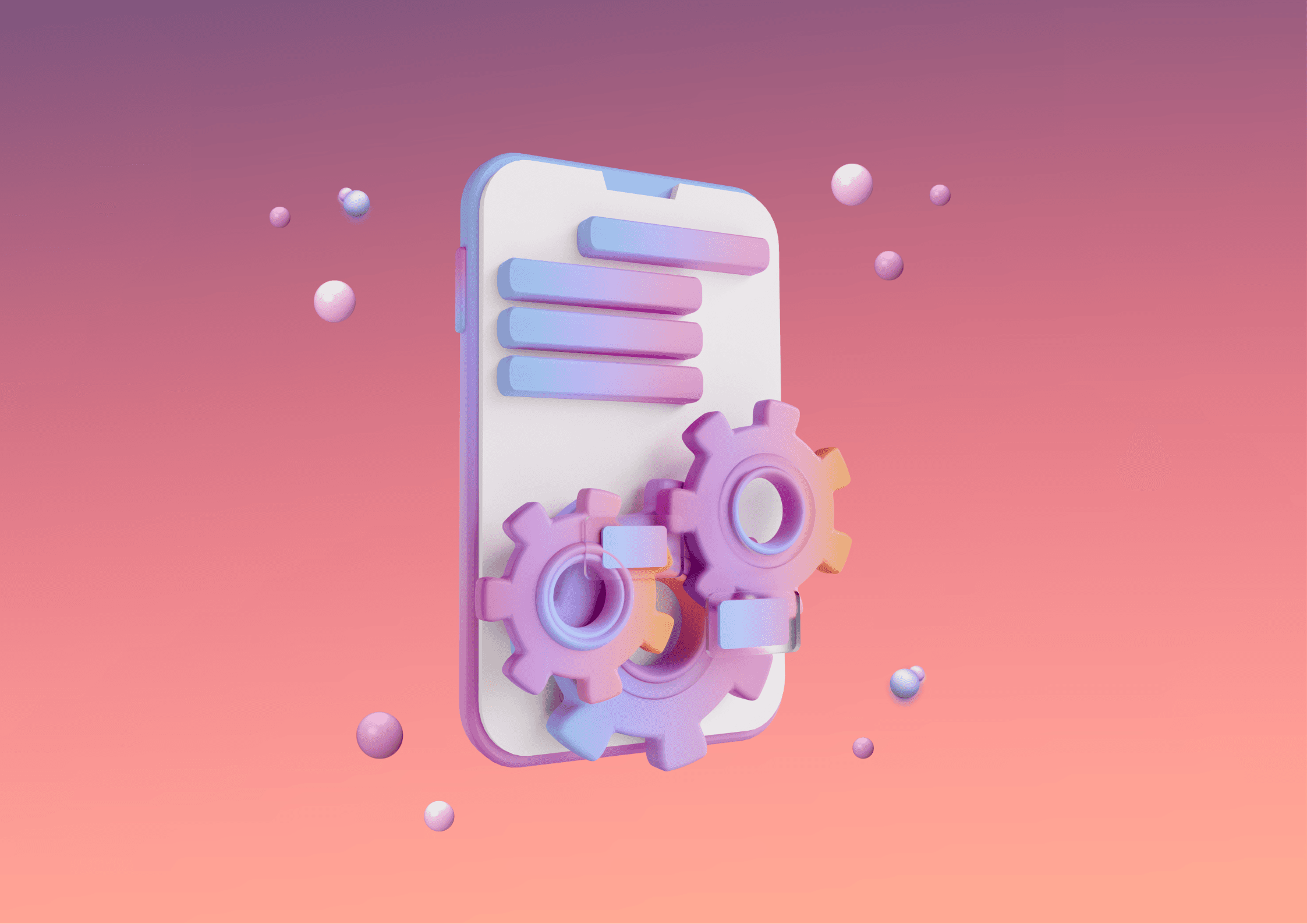 Biznes na Insta – ilustracja 3D smartfona z kołami zębatymi. Automatyzacja jako narzędzie, które może usprawnić działania na Instagramie.