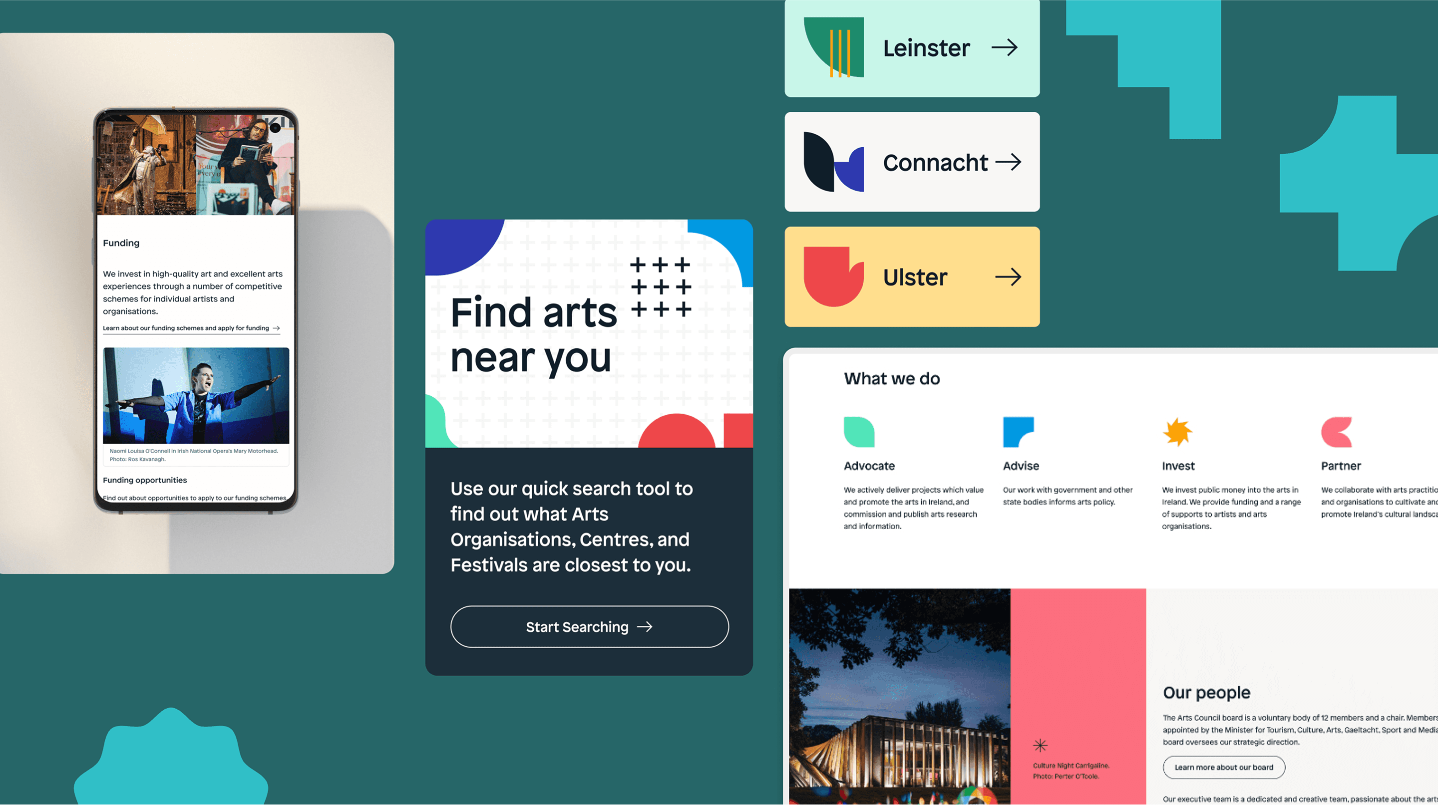 Mobile and desktop mockups showing the Arts Council website interface — event listings, artist profiles, and focused layouts.
