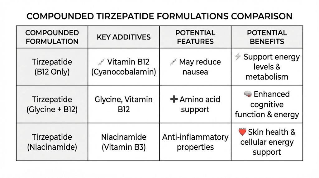 Compounded tirzepatide formulation comparison chart showing B12 glycine and niacinamide options