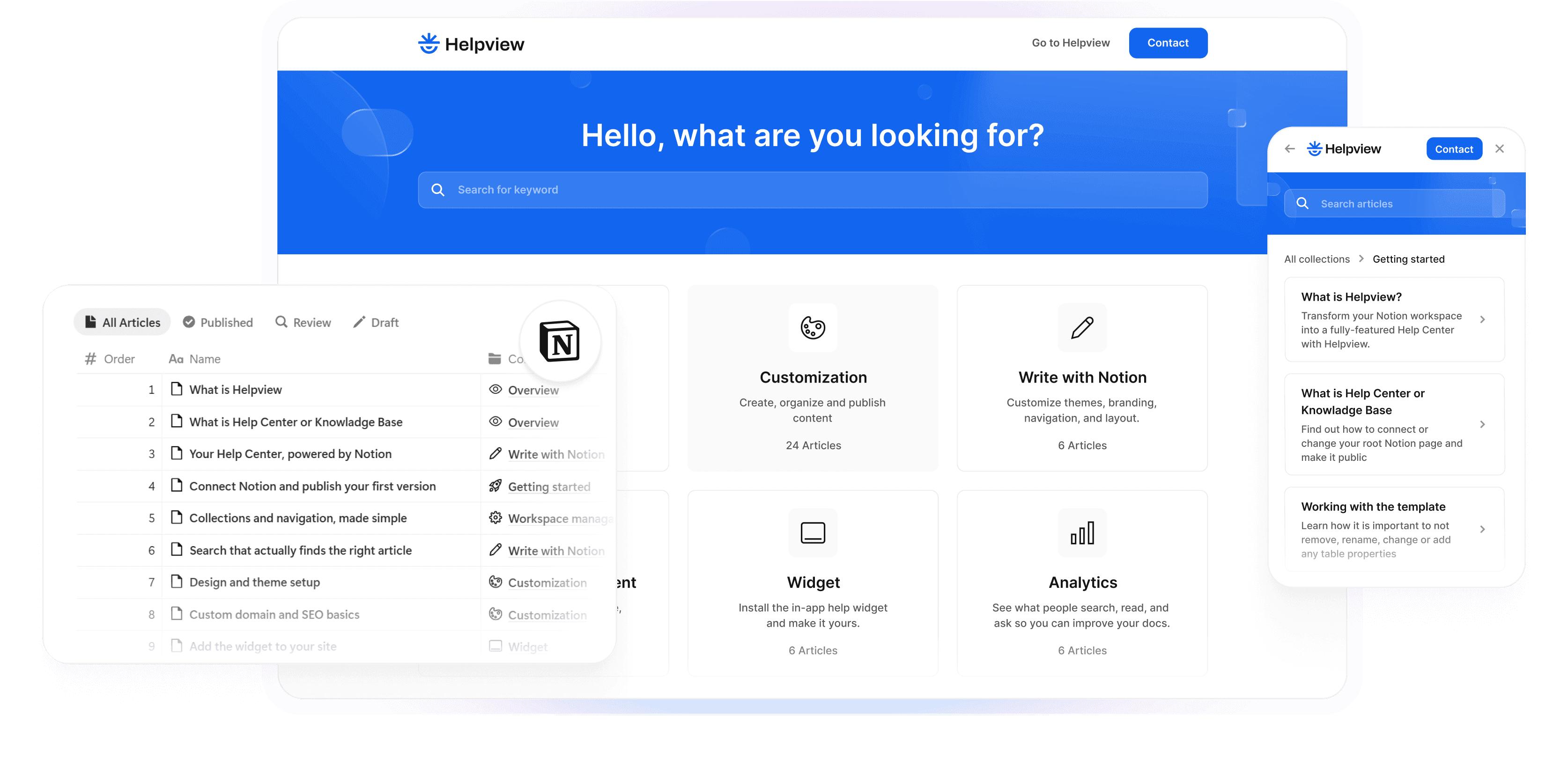 Helpview interface showing how to turn Notion into a searchable help center with articles, widget, and customization.