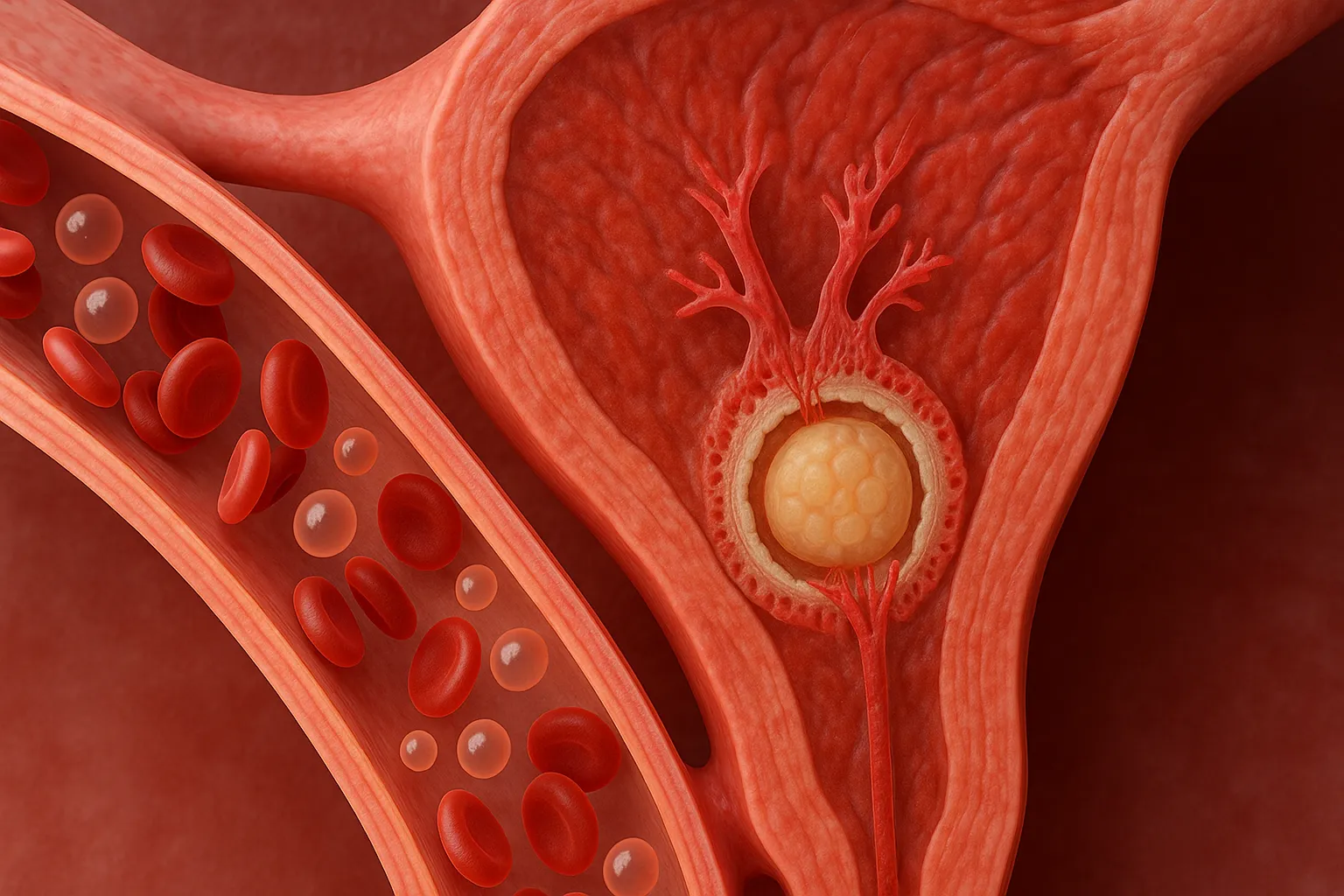 Human Chorionic Gonadotropin - Detailed cross-section of the uterus showing an early embryo implanted in the uterine lining next to a blood vessel with red blood cells