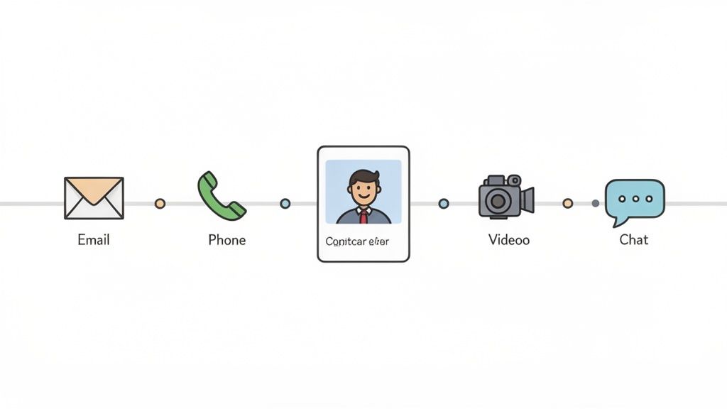 A visual timeline illustrating various client communication channels including email, phone, video, and chat.