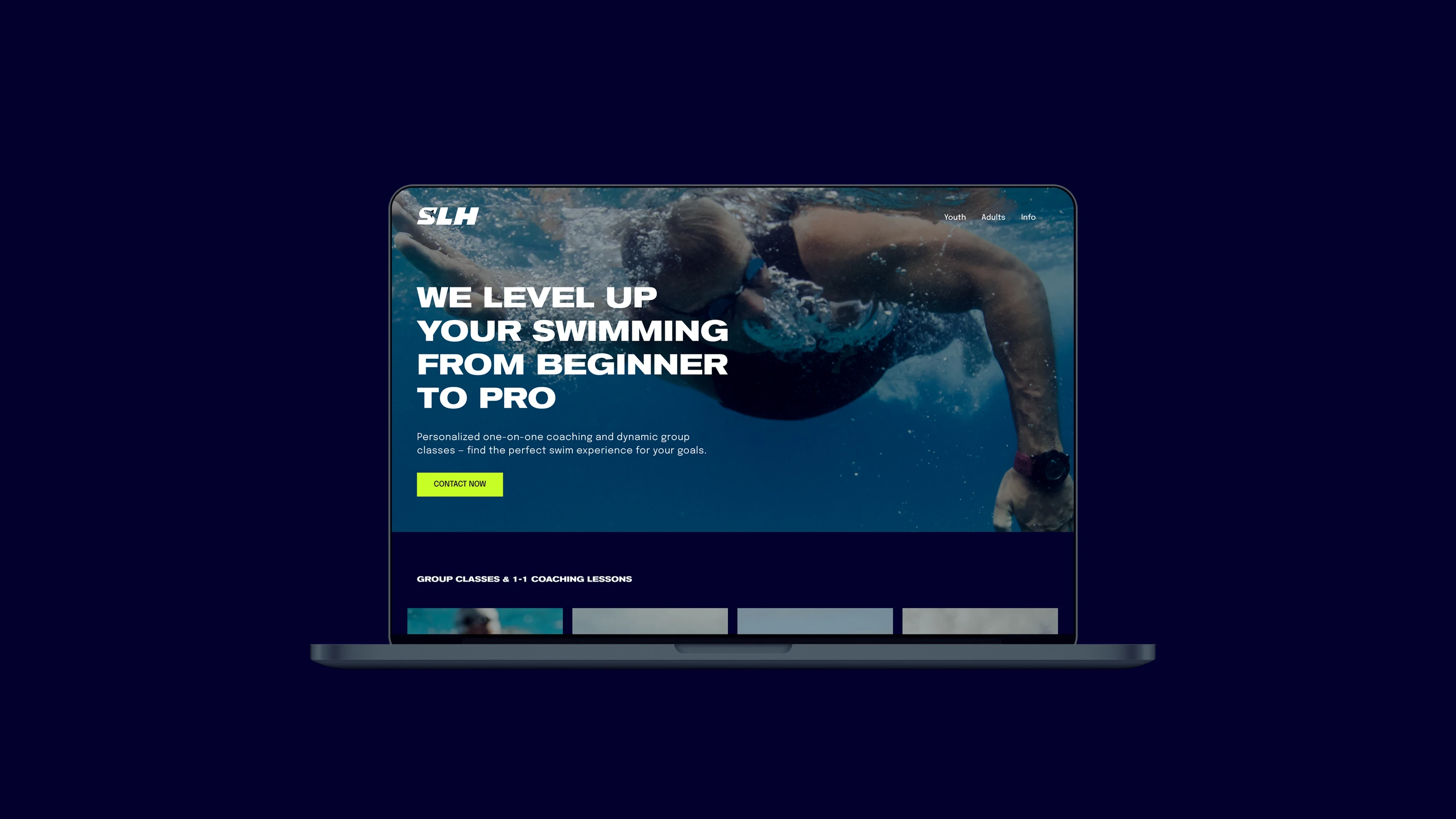Laptop screen UI digital design displaying a swimming coaching website with a background image of a swimmer underwater, text overlay, and a contact button.