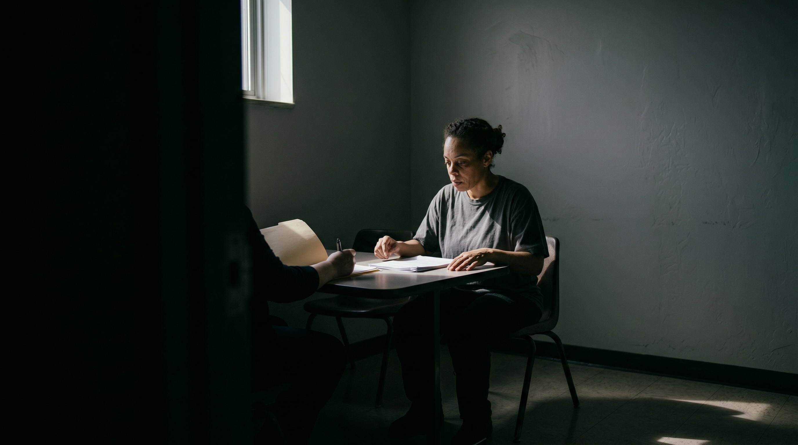 A person is sitting at a table in a dimly lit room, reviewing documents with another individual, illuminated by a small window, creating a focused and contemplative atmosphere.