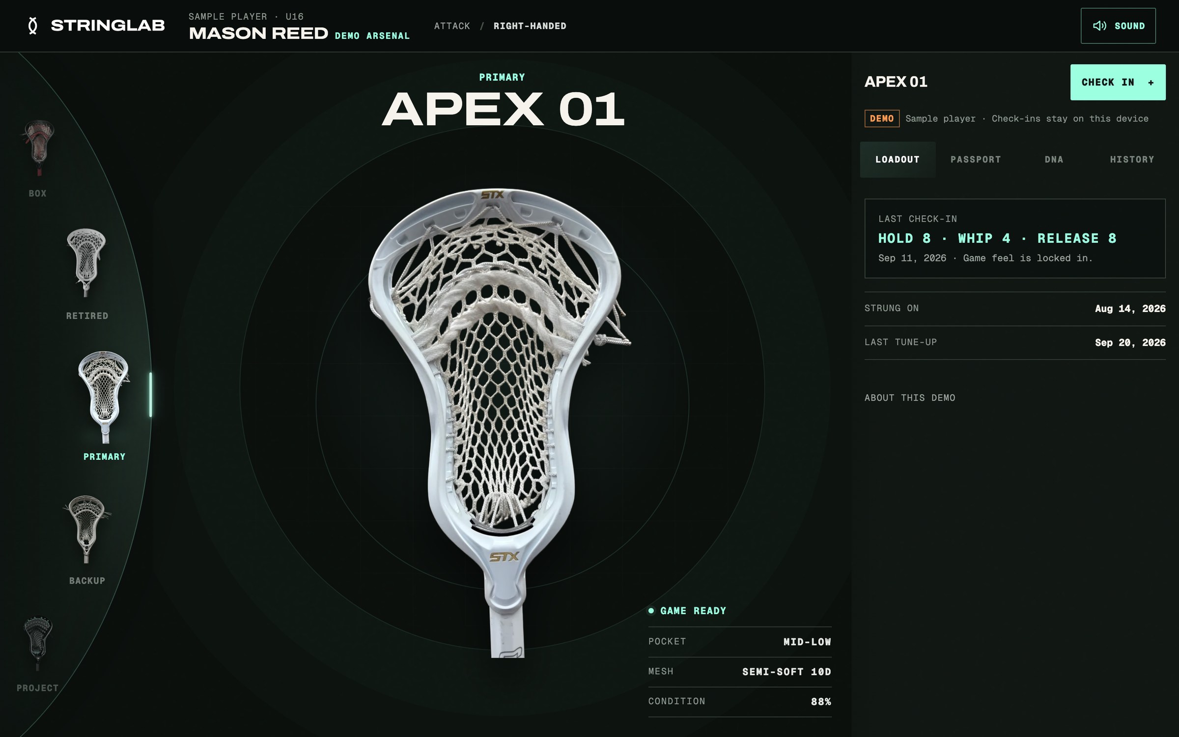 StringLab Arsenal demo on desktop: a sample player's primary stick, Apex 01, with its loadout and last check-in