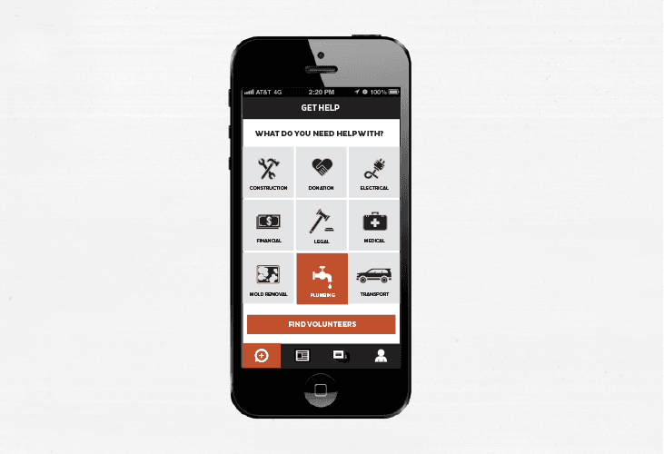 A black iPhone displays a screen titled “GET HELP” at the top. Below it, a white box asks “WHAT DO YOU NEED HELP WITH?” with eight options: CONSTRUCTION, DONATION, ELECTRICAL, LEGAL, MEDICAL, FINANCIAL, HOLD REMOVAL, and PLUMBING. A red button labeled “FIND VOLUNTEERS” is located at the bottom. The phone rests on a white surface.