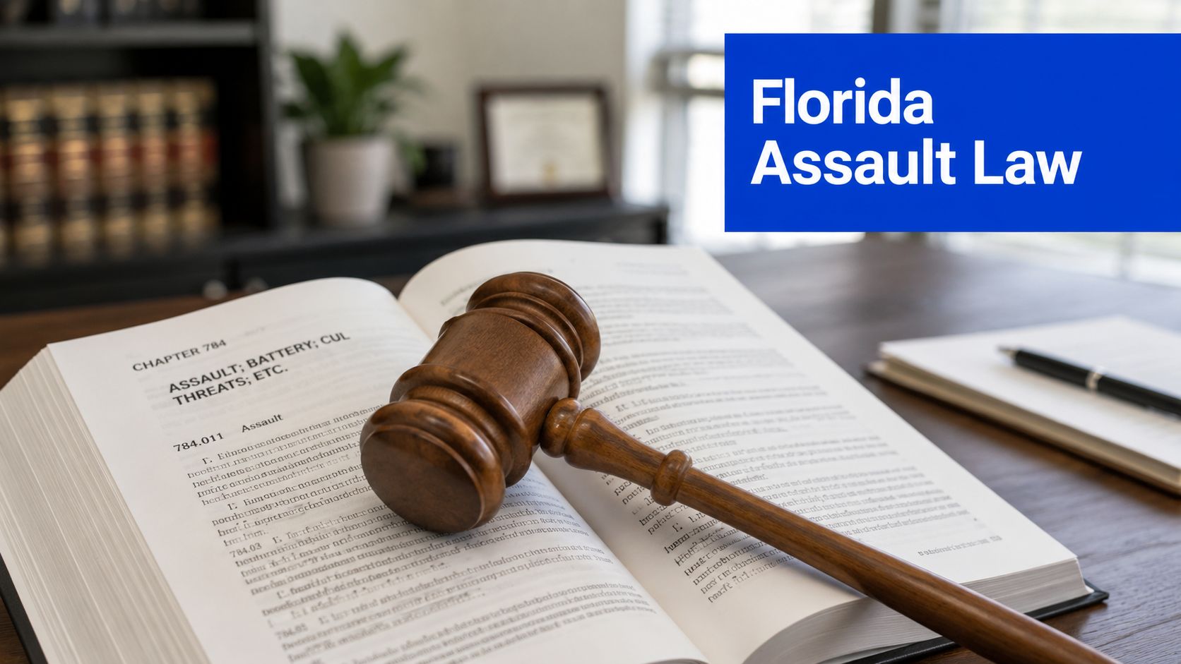 A wooden judge's gavel resting on an open law book titled Florida Assault Law in a library.