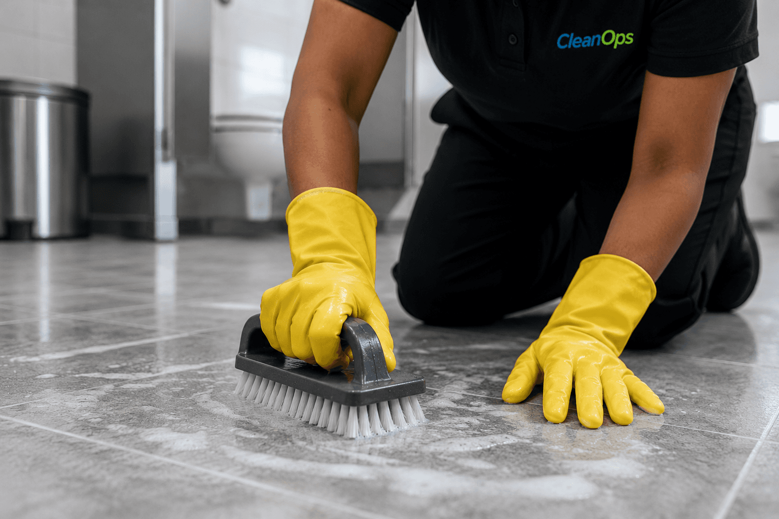 Woman in yellow gloves scrubbing bathroom floor tiles with a brush.