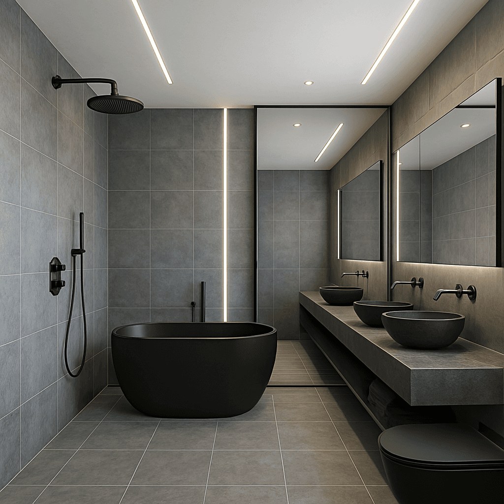 Modernes Designer-Badezimmer mit schwarzer freistehender Badewanne, Doppelwaschtisch und Regendusche – hochwertige Badgestaltung und Sanitärinstallation durch Aqua-Fix in Wil SG für Kunden in den Regionen St. Gallen, Thurgau und Zürich.