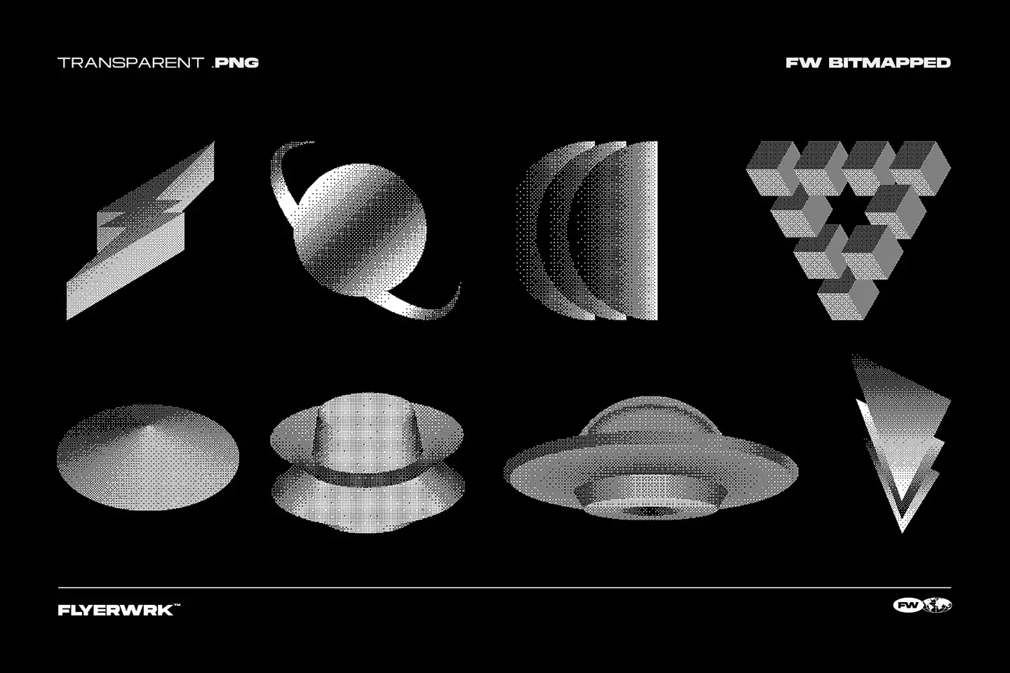 Bitmapped design elements featuring surreal geometric shapes and UFO saucer with retro halftone dither textures