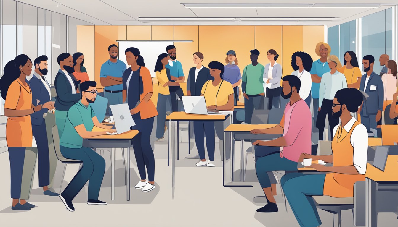 Diese Illustration zeigt eine vielfältige Gruppe von Mitarbeitern, die zusammenarbeiten und die Werte ihres Arbeitgebers zur Chancengleichheit widerspiegeln.