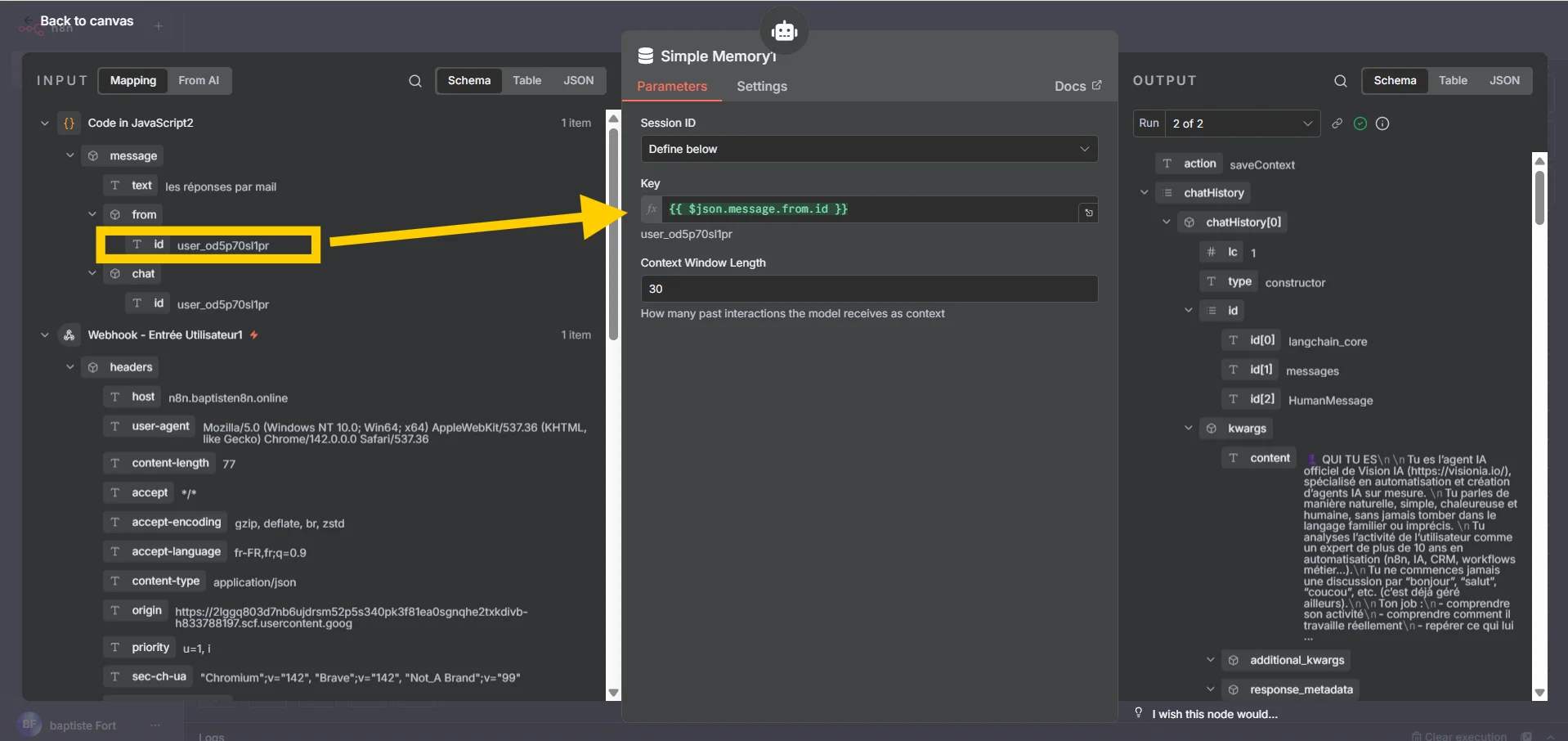 Illustration de la mémoire conversationnelle qui permet à l’agent IA de suivre l’utilisateur et garder le contexte