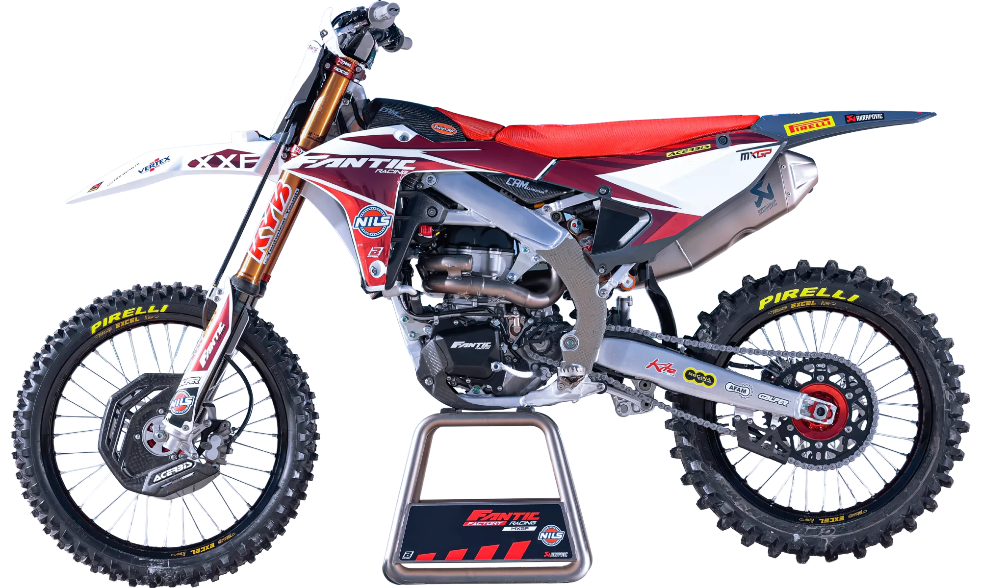 Moto off-road con punti di lubrificazione interattivi che mostrano le applicazioni dei prodotti NILS per motore, sospensioni, catena e trasmissione