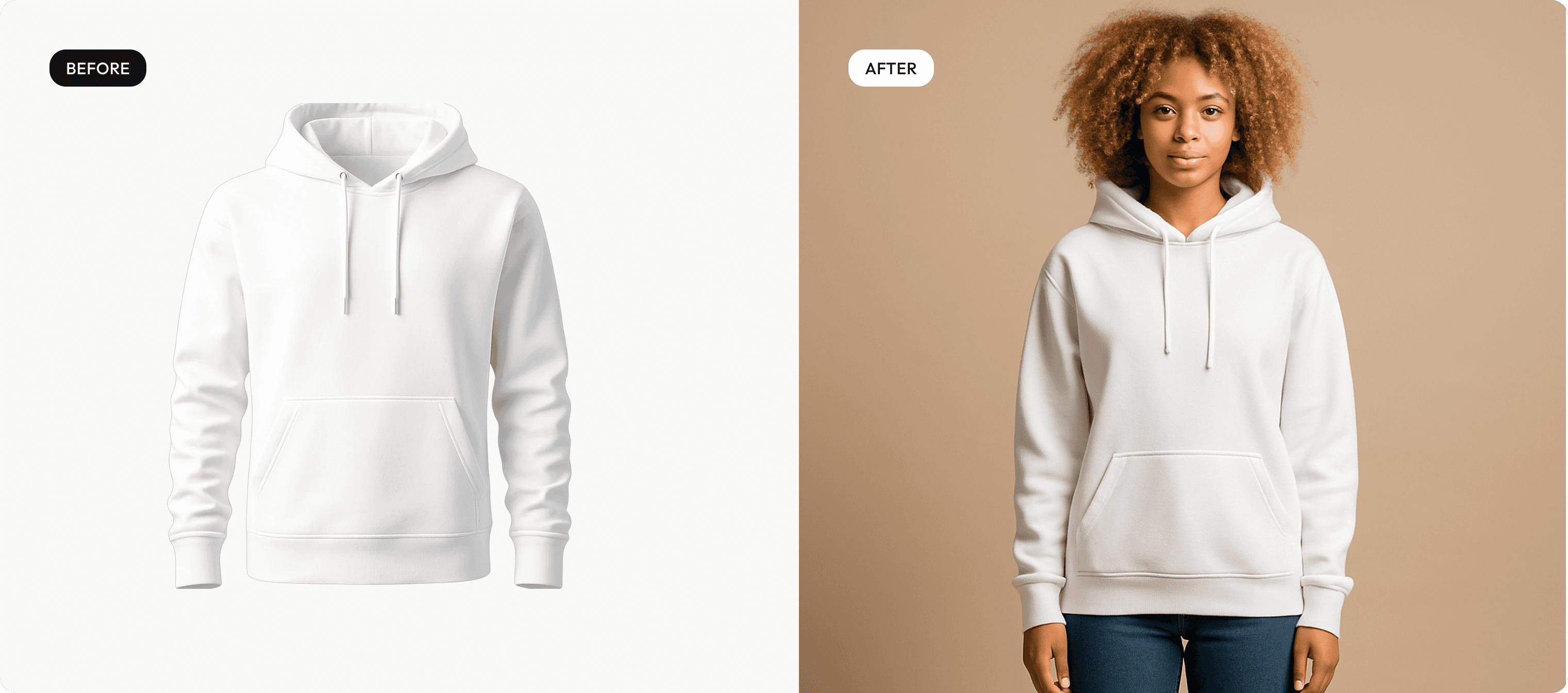 Before and after: woman wearing a white hoodie, transformed into a lifestyle scene with Caspa AI