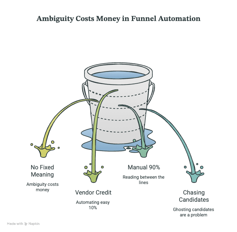 AI hiring platform ambiguity infographic showing recruiting funnel inefficiencies, manual screening workload, candidate ghosting, and the hidden costs of choosing the wrong AI recruiting software.
