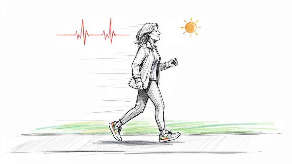 Sketch of a woman jogging outdoors, with a heart rate line and a sun.