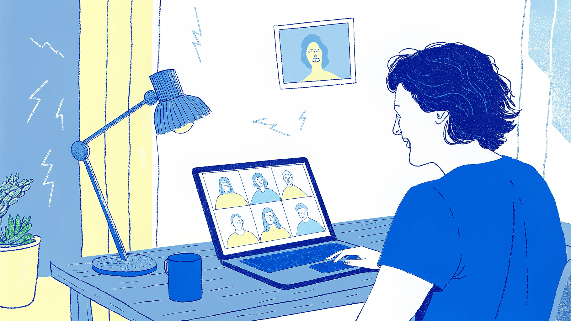 person laughing at group chat on laptop with four humor-style icons and matching custom tees nearby