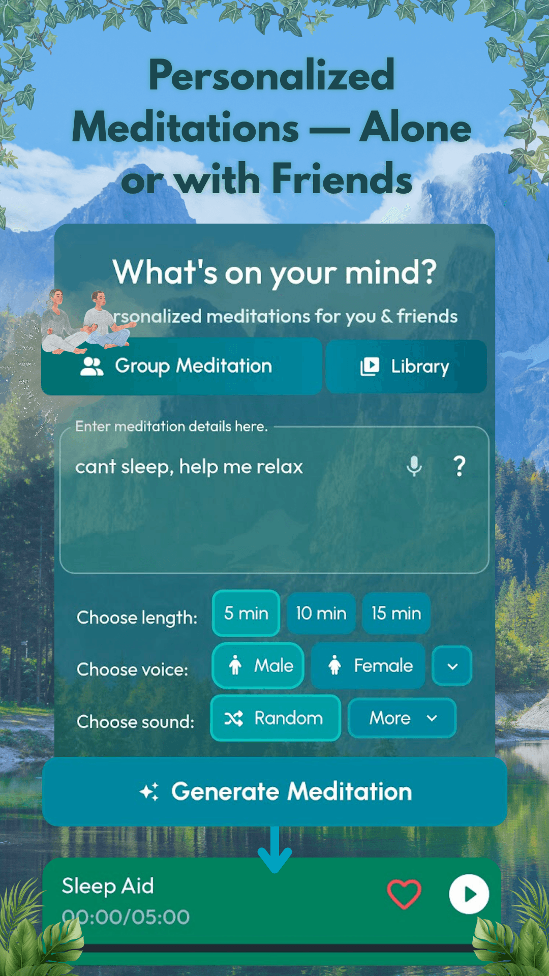 Eiren AI meditation generator screen showing personalized meditation creation with group meditation option, voice selection, and length picker