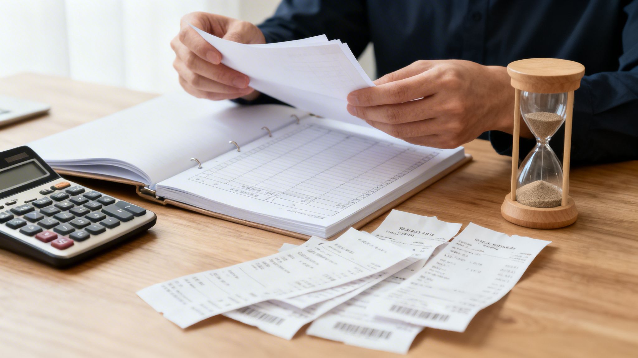 En person granskar kvitton och papper vid ett skrivbord med kalkylator och timglas.