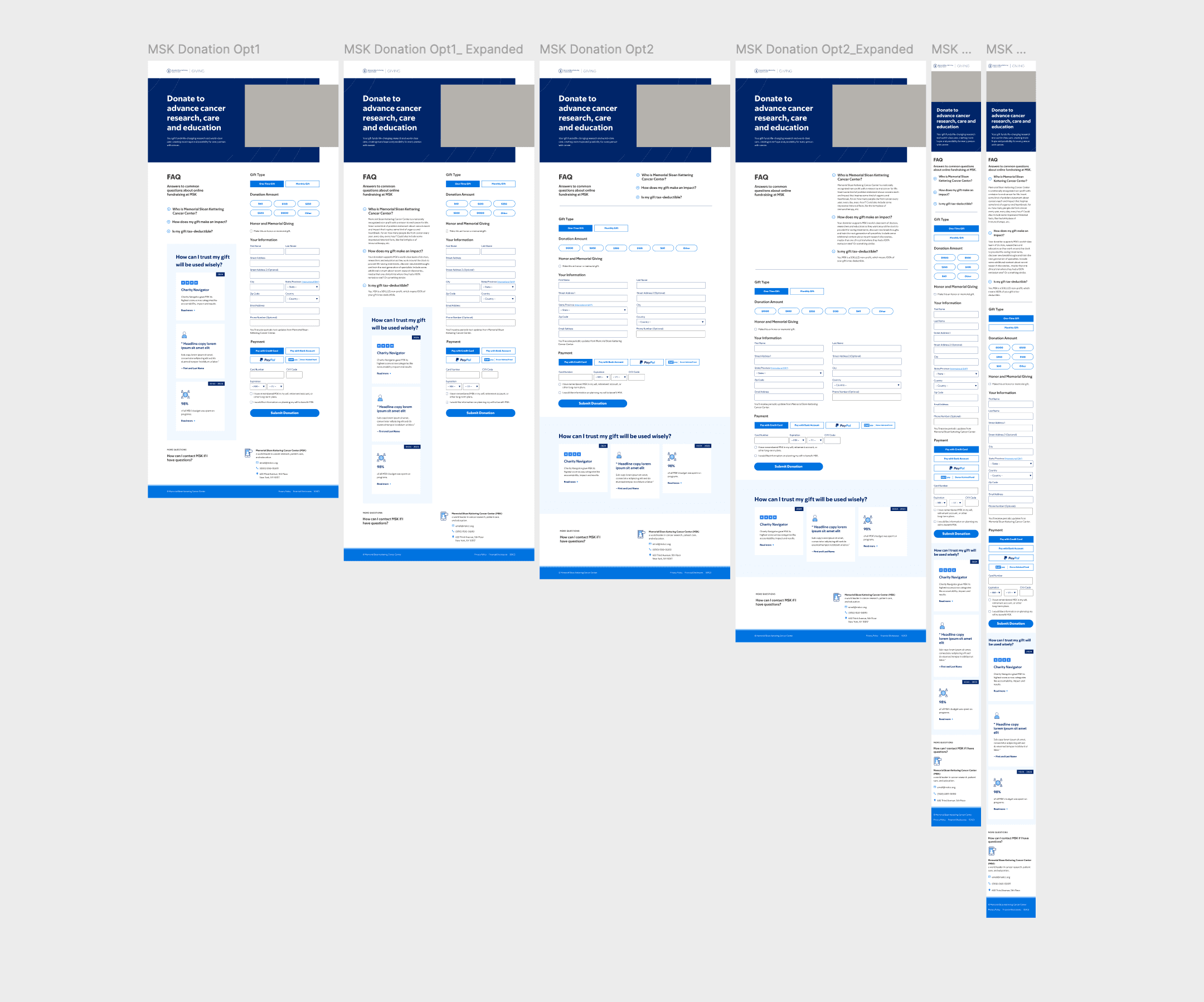 Screenshot of 4 desktop designs and 2 mobile design of MSK's donation page
