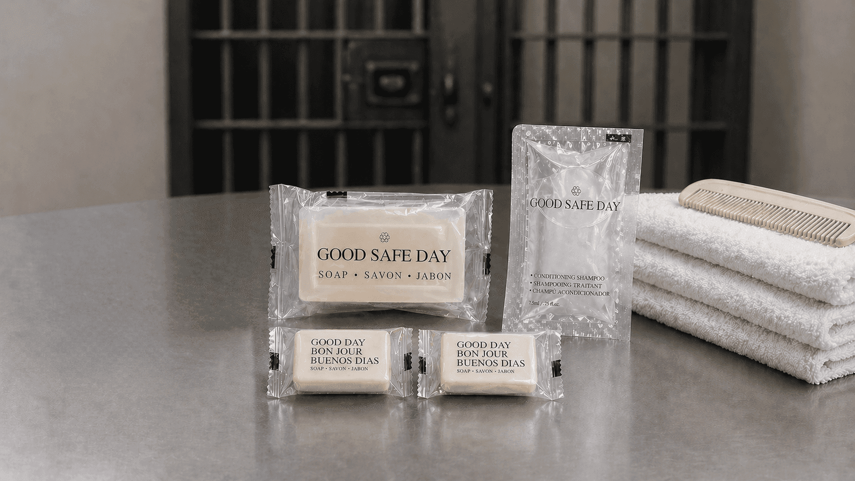 Correctional amenities collection by Transmacro Amenities featuring bar soaps and conditioning shampoo in secure, transparent packaging displayed in an institutional setting