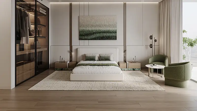 Sophisticated bedroom design at Binghatti Hillcrest. Contact our real estate agency for private viewings.