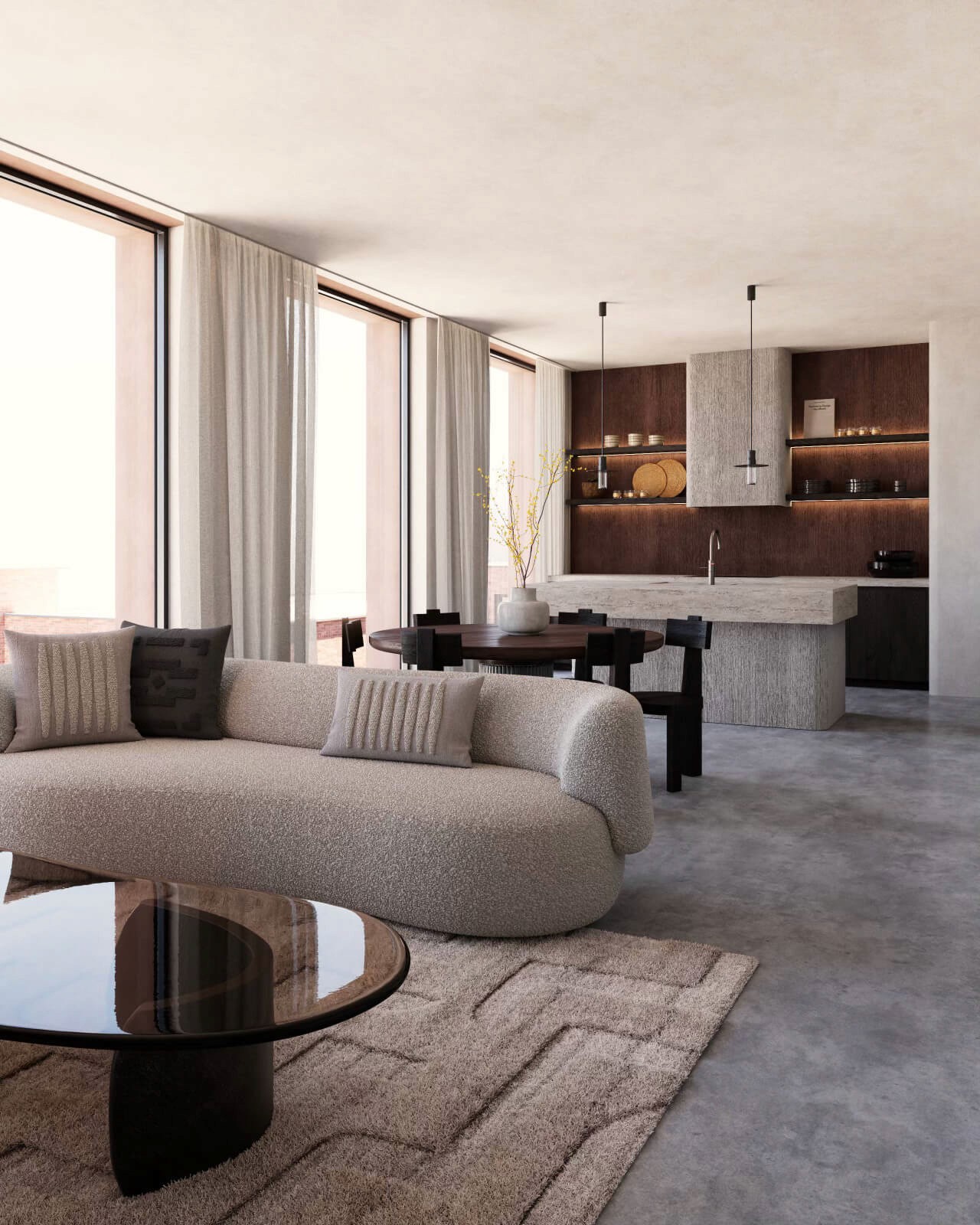 A sophisticated open-plan living and dining area with a boucle sofa, textured area rug, minimalist dining set, and a sleek kitchen featuring warm wood and stone accents