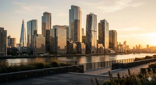 Modern city skyline with skyscrapers at sunset - Energy State international context representation