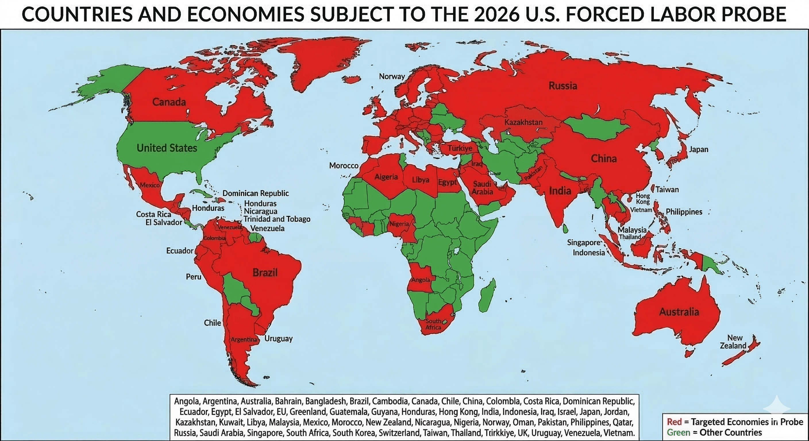 List of 60 Countries Targeted by the US For Lack of Import Ban on Products Made With Forced Labor Requiring Supply Chain Traceability 