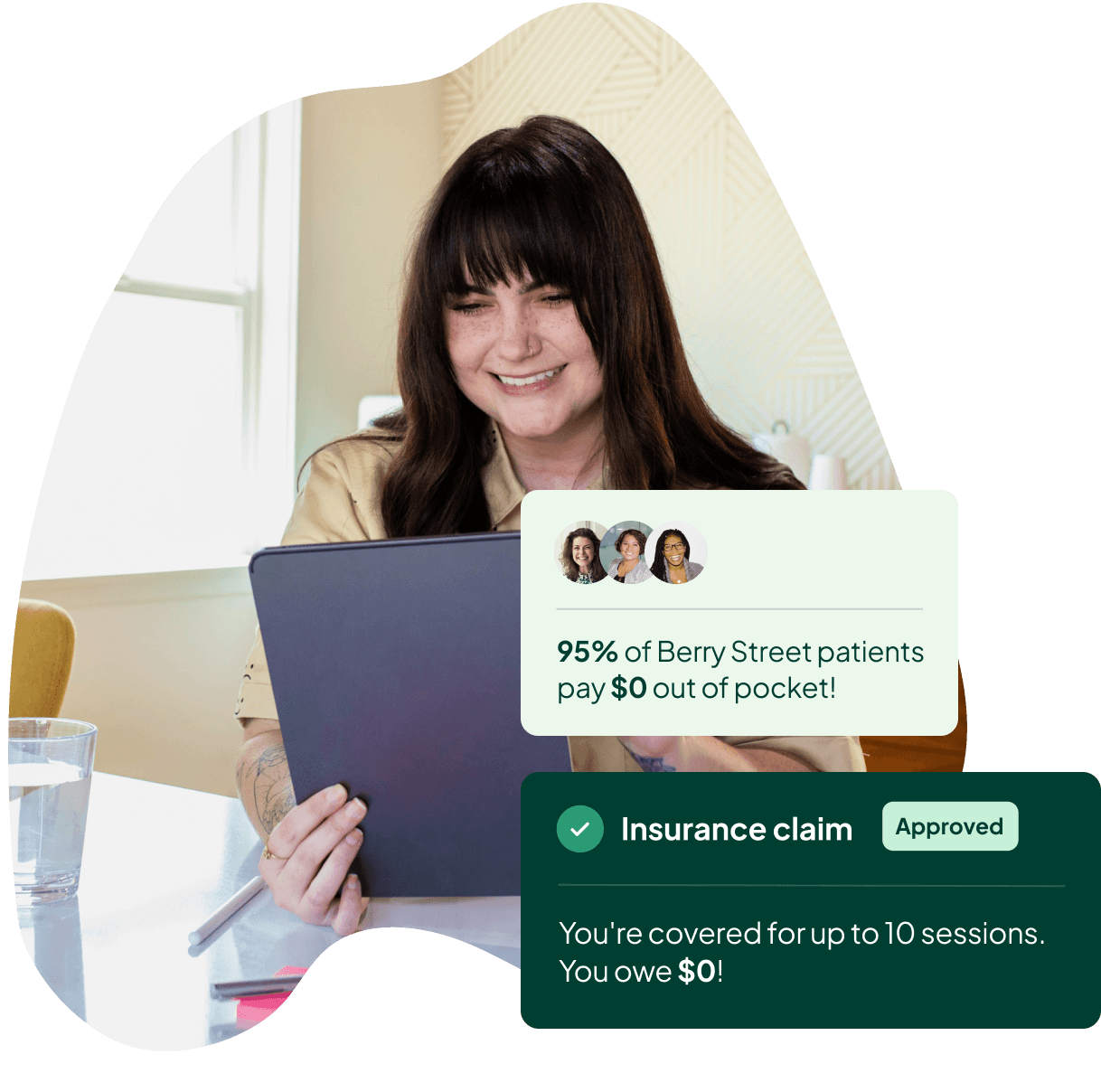 Woman smiling at her phone learning her nutrition therapy is covered by insurance
