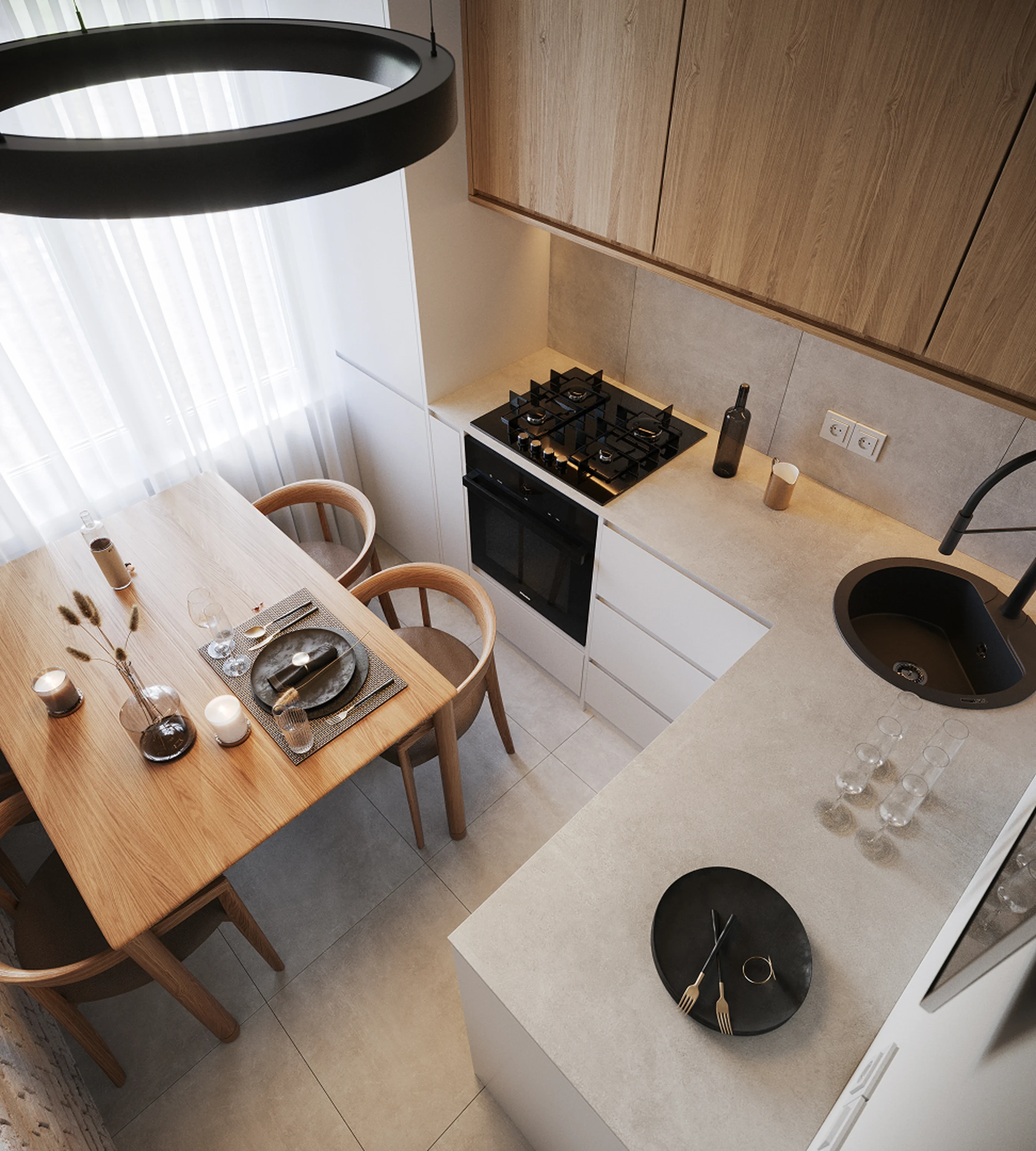 Détail — joint creux entre lambris et béton.