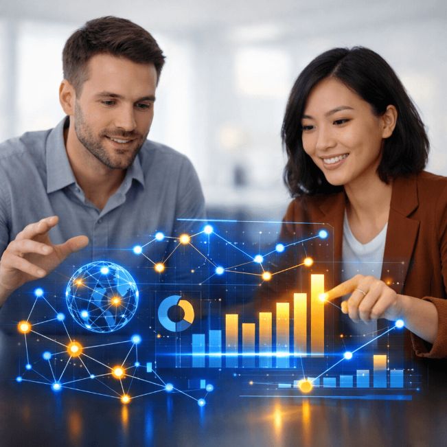 Un hombre y una mujer colaboran en una interfaz digital que muestra gráficos y visualizaciones de datos.