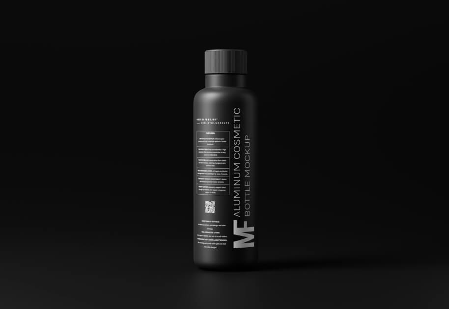 Black cosmetic product bottle against a dark background