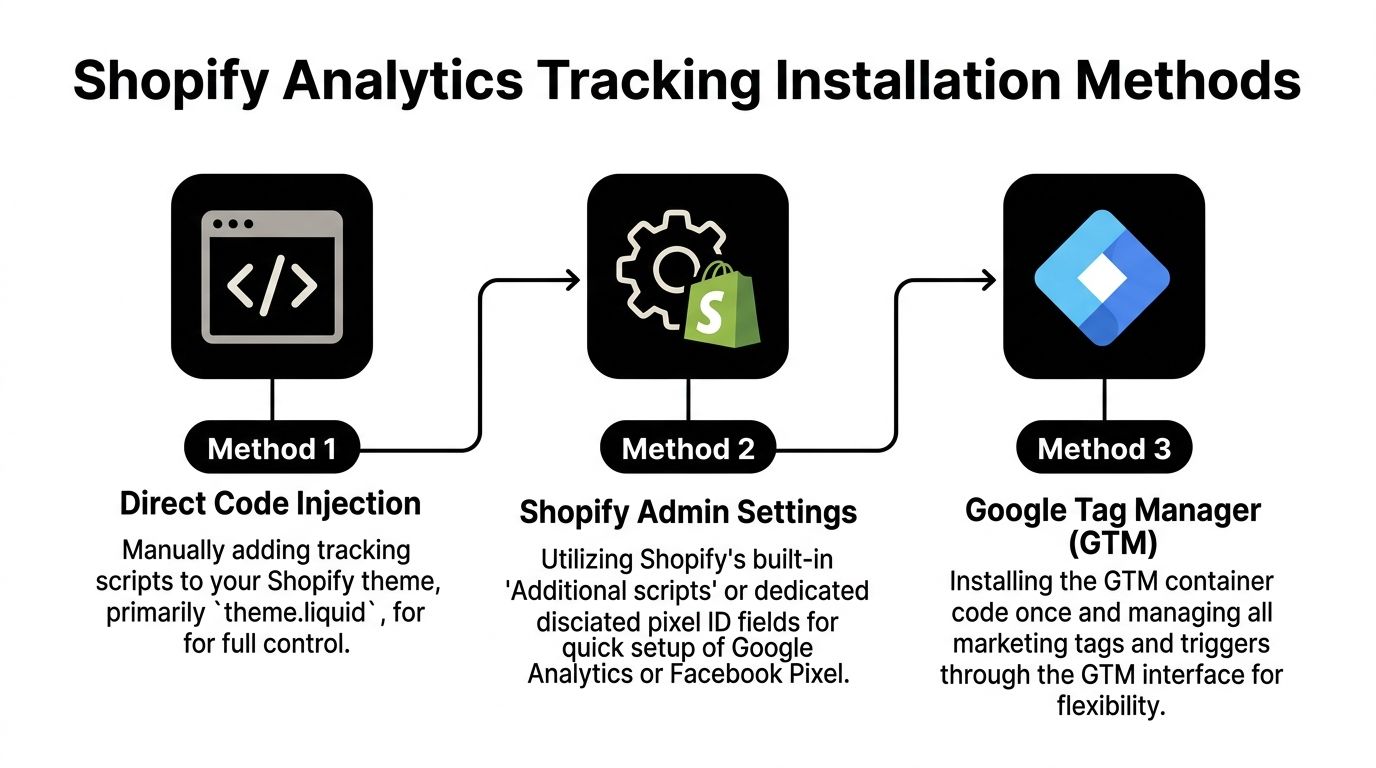 A flowchart showing three distinct methods for installing analytics tracking codes on a Shopify ecommerce website.