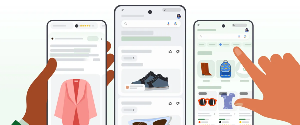 Three smartphones display Google Shopping search results, featuring images of clothing, shoes, sunglasses, and accessories, with interactive product options.