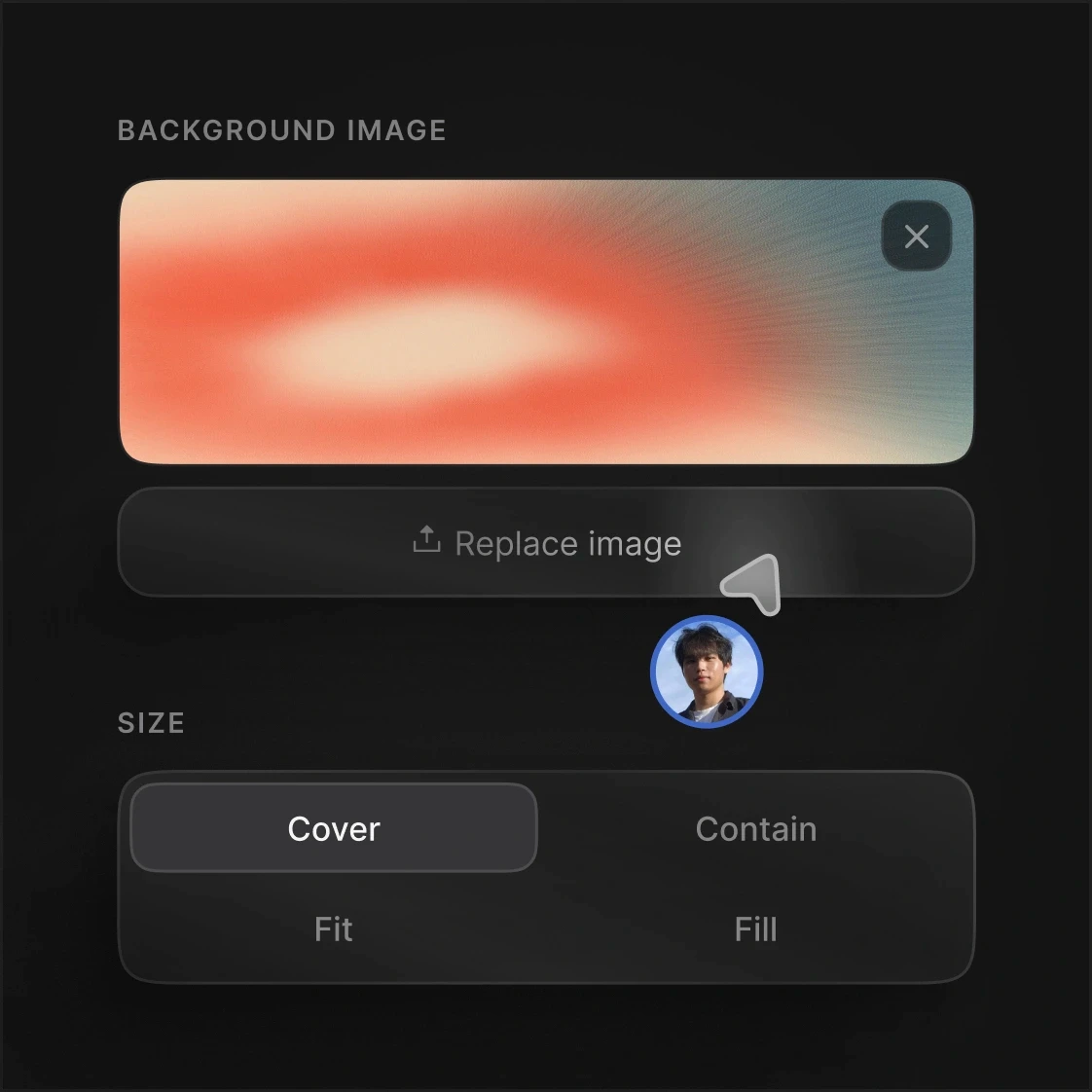 PreviewKit's background panel for uploading a custom image, with cover, contain, fit, and fill sizing options