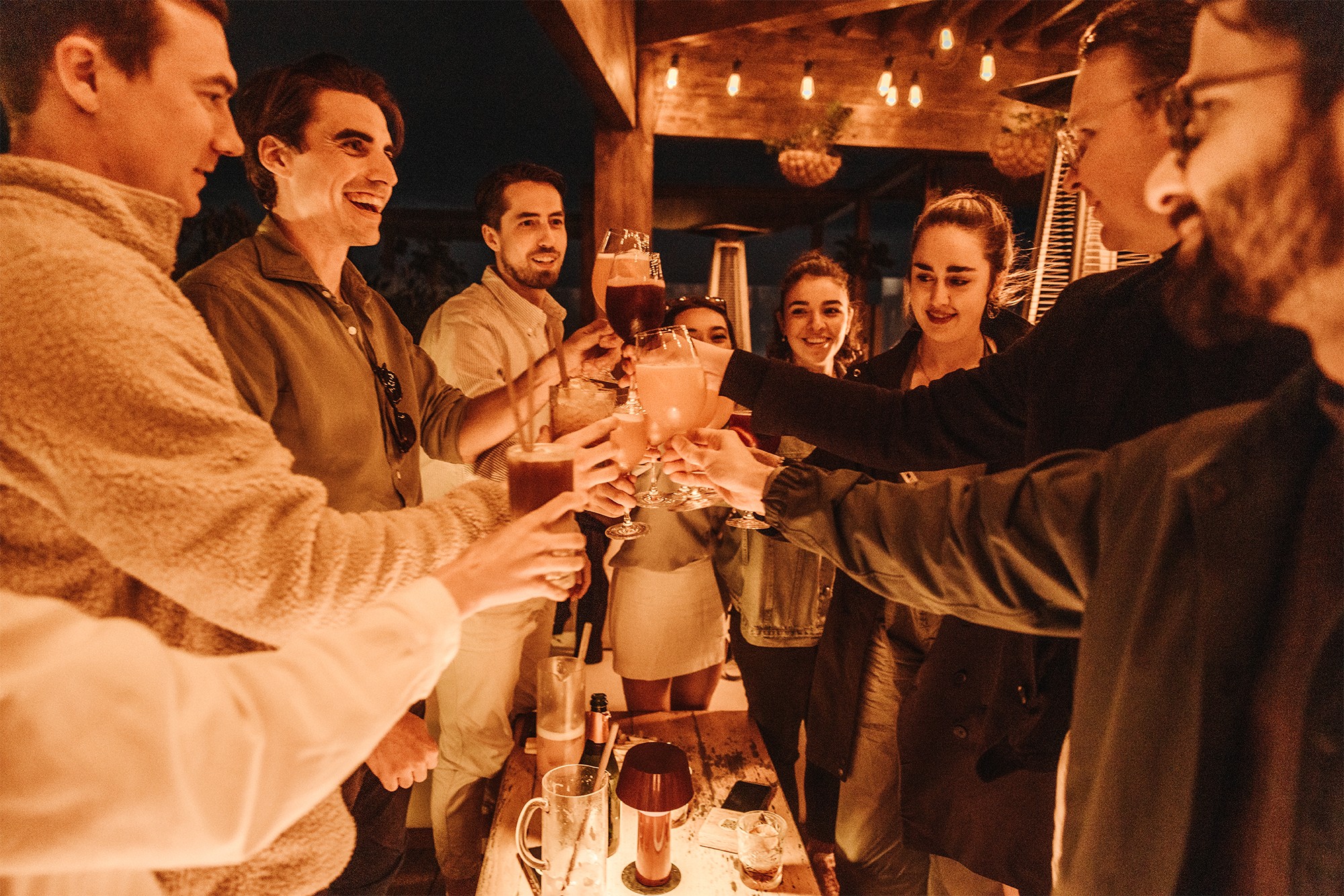 A group of people toasting with drinks in a warm-lit setting