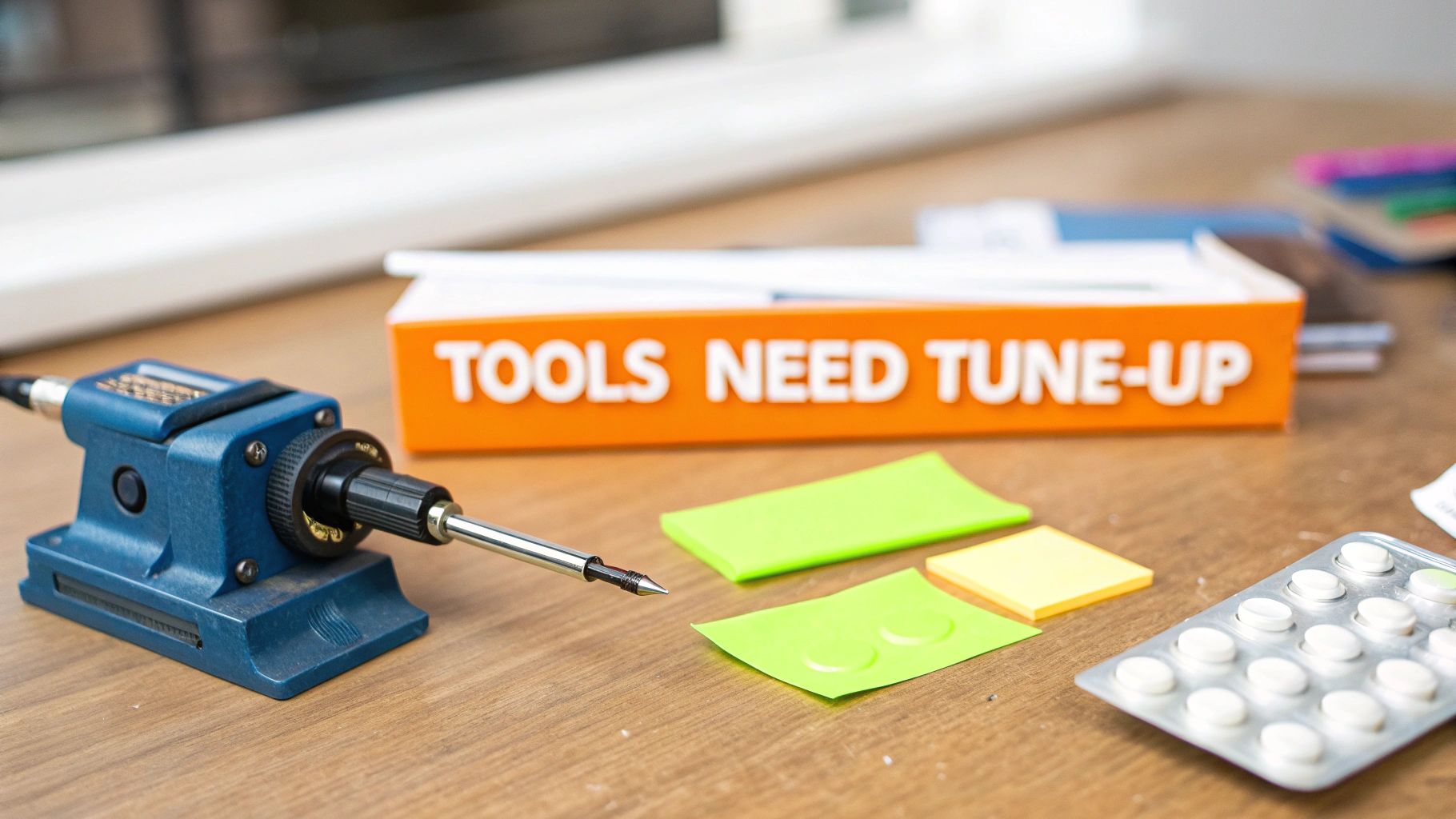 A soldering iron, sticky notes, and pills on a wooden desk with a 'TOOLS NEED TUNE-UP' sign.