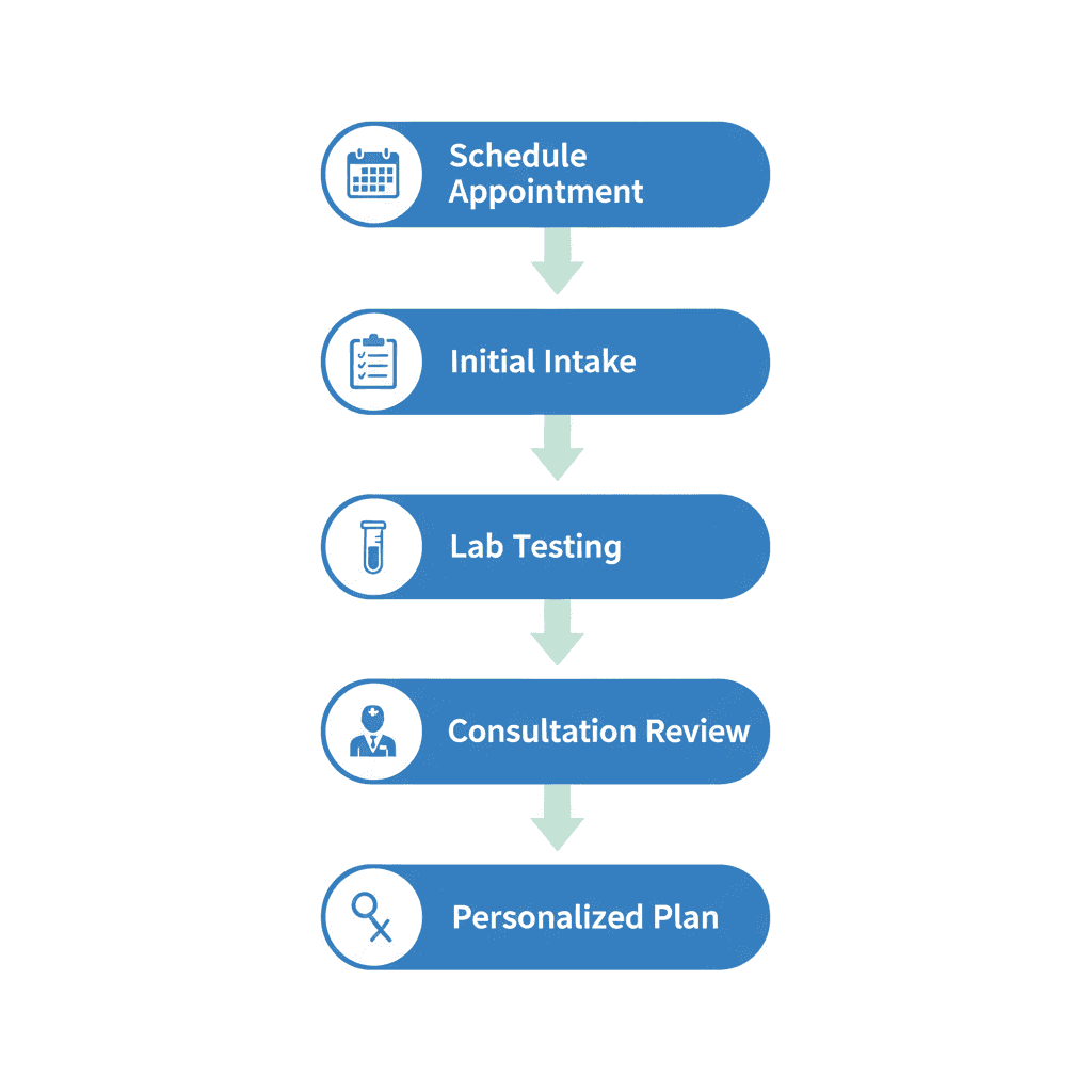 Vertical process flow diagram illustrating the five steps to begin TRT therapy at HRMN Health near Boise, Idaho.