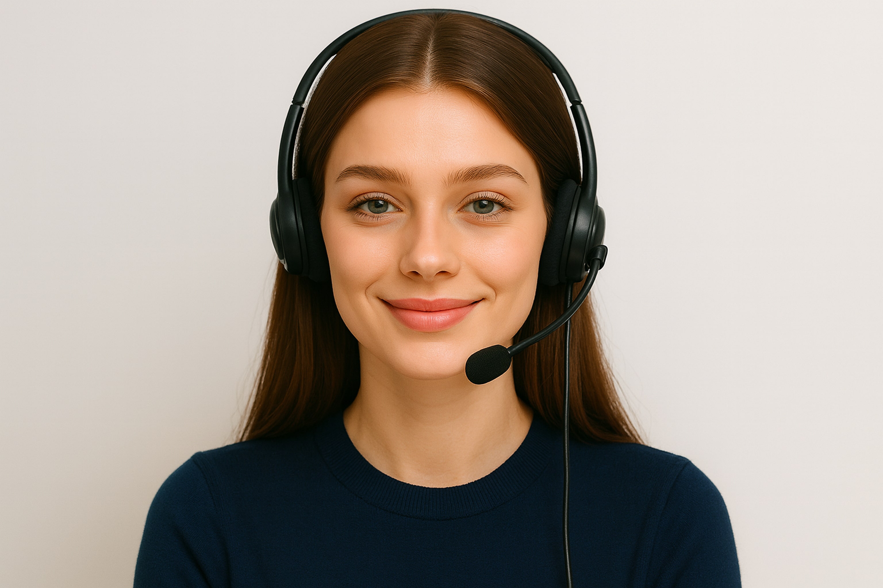 Rachel Carter, smiling English teacher wearing a headset and navy sweater, looking at the camera during an online lesson, calm and professional.
