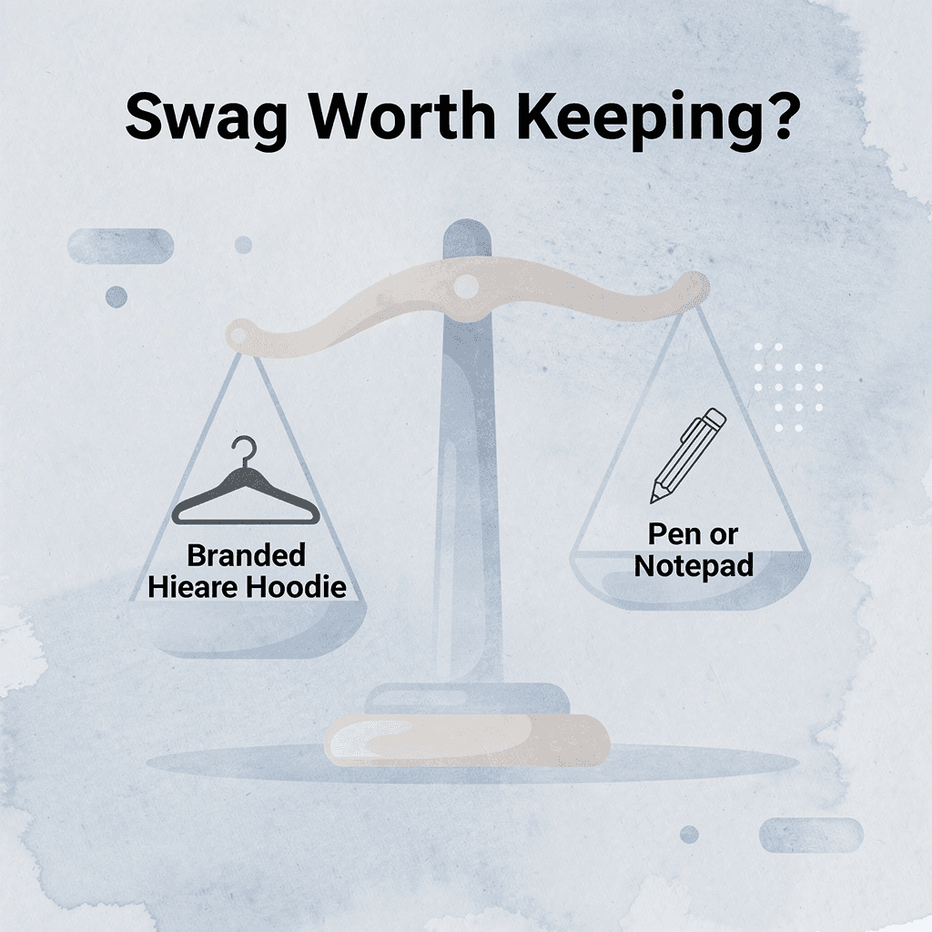 Scale comparing branded hoodie versus pen or notepad as job fair swag