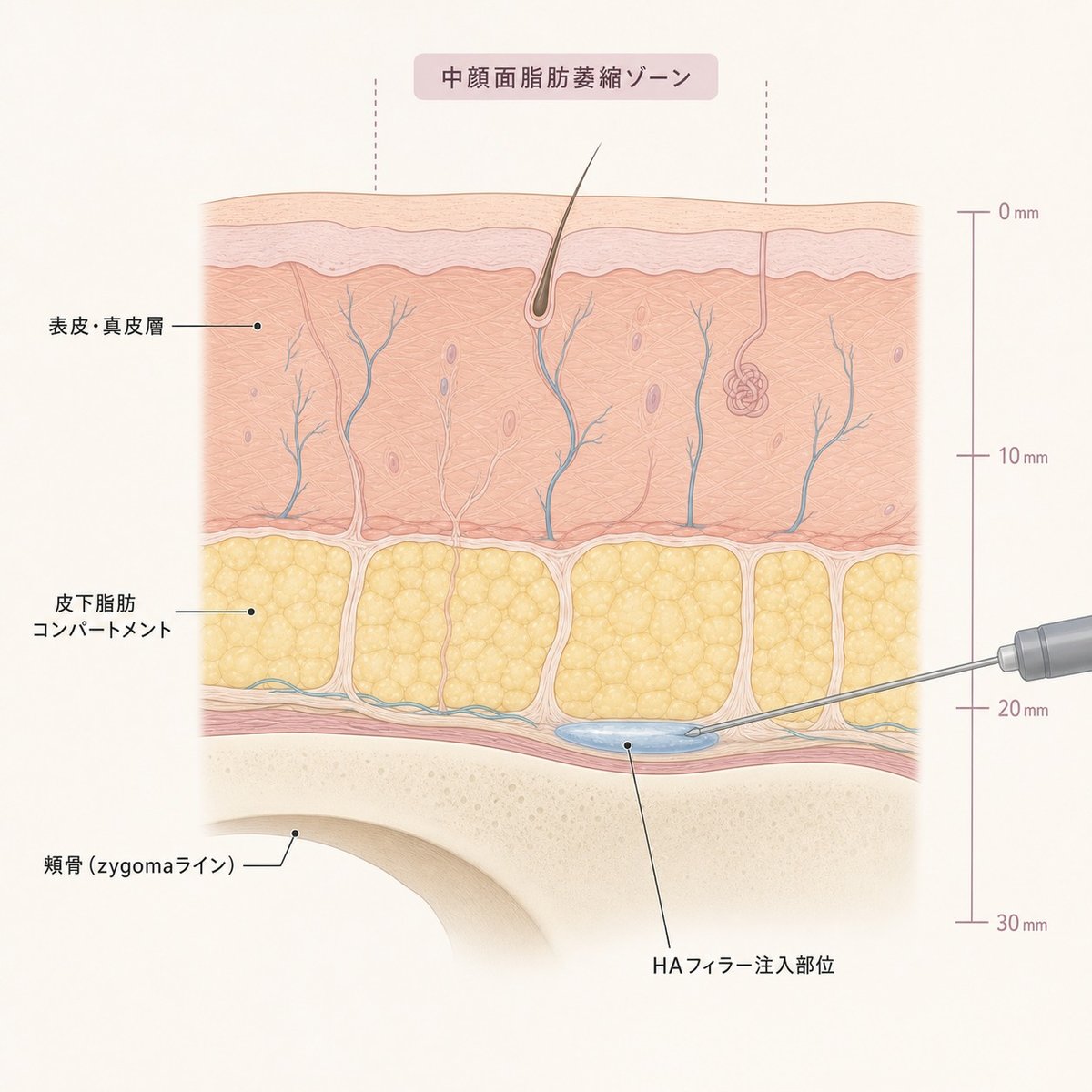 中顔面の層構造と脂肪区画の萎縮、HAフィラー注入部位を示す断面図