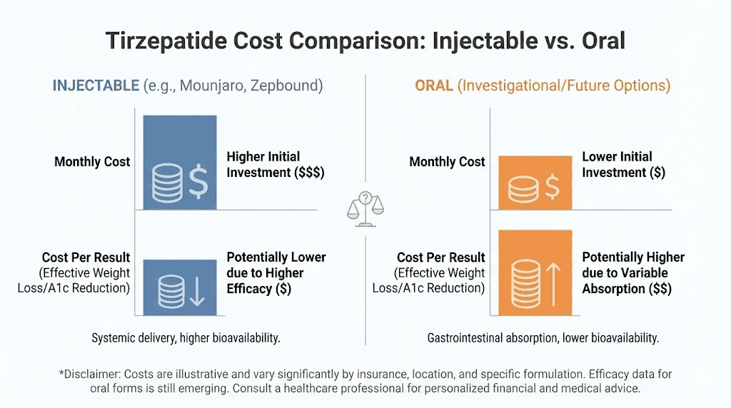 Tirzepatide cost comparison between oral and injectable delivery methods
