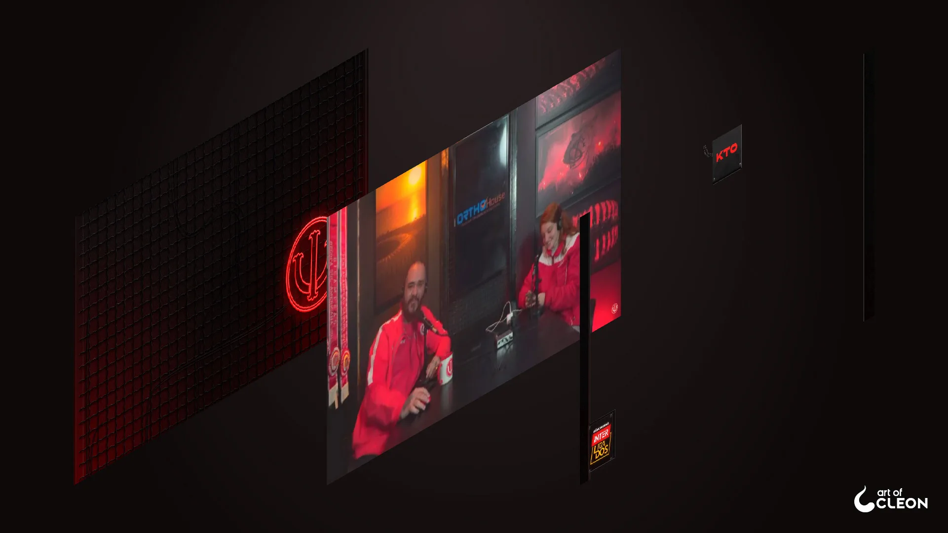 Exploded view of the broadcast layout separating the dark mesh background, studio video and foreground graphics, with sponsor logos and the Interligados logo on the right.