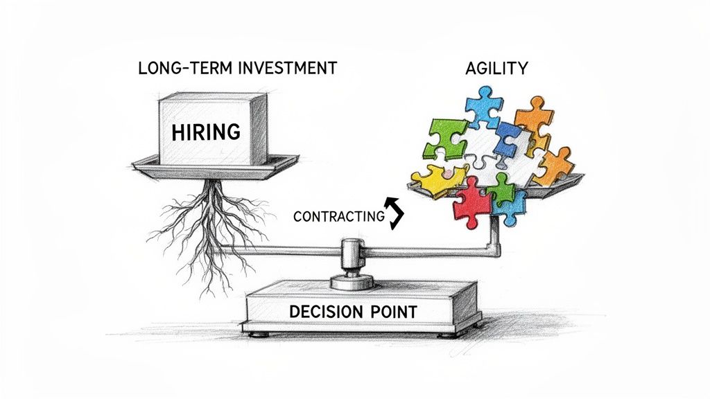 A conceptual scale illustrating a choice between hiring full-time employees and contracting for team agility.