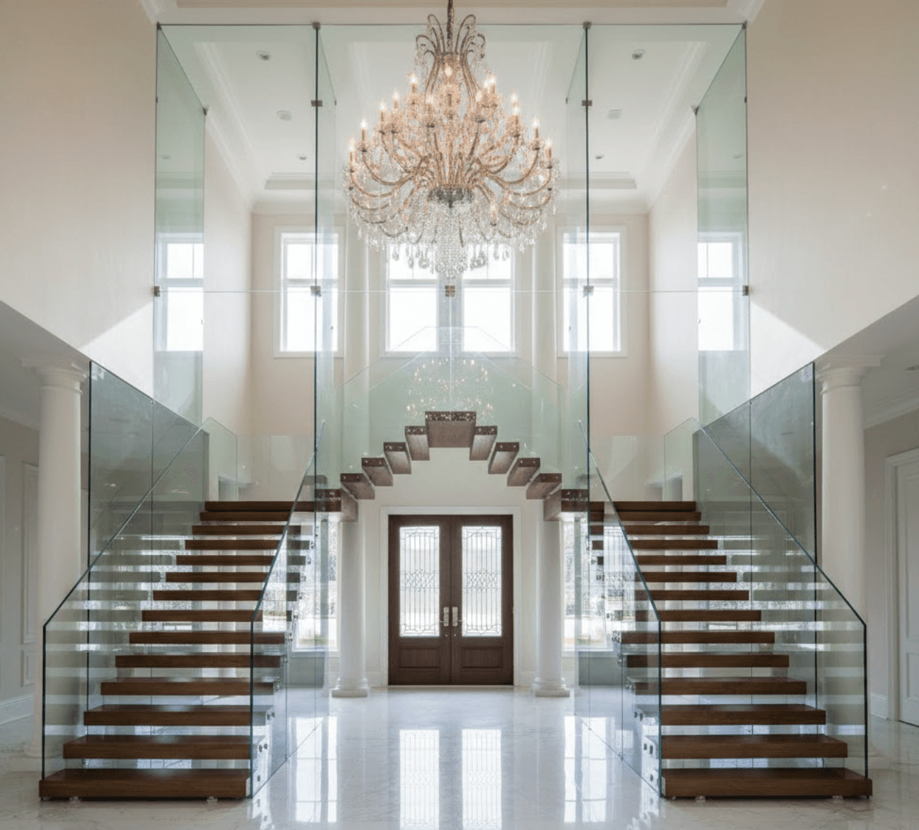 Dramatic double-height glass staircase installation in luxury home foyer. 