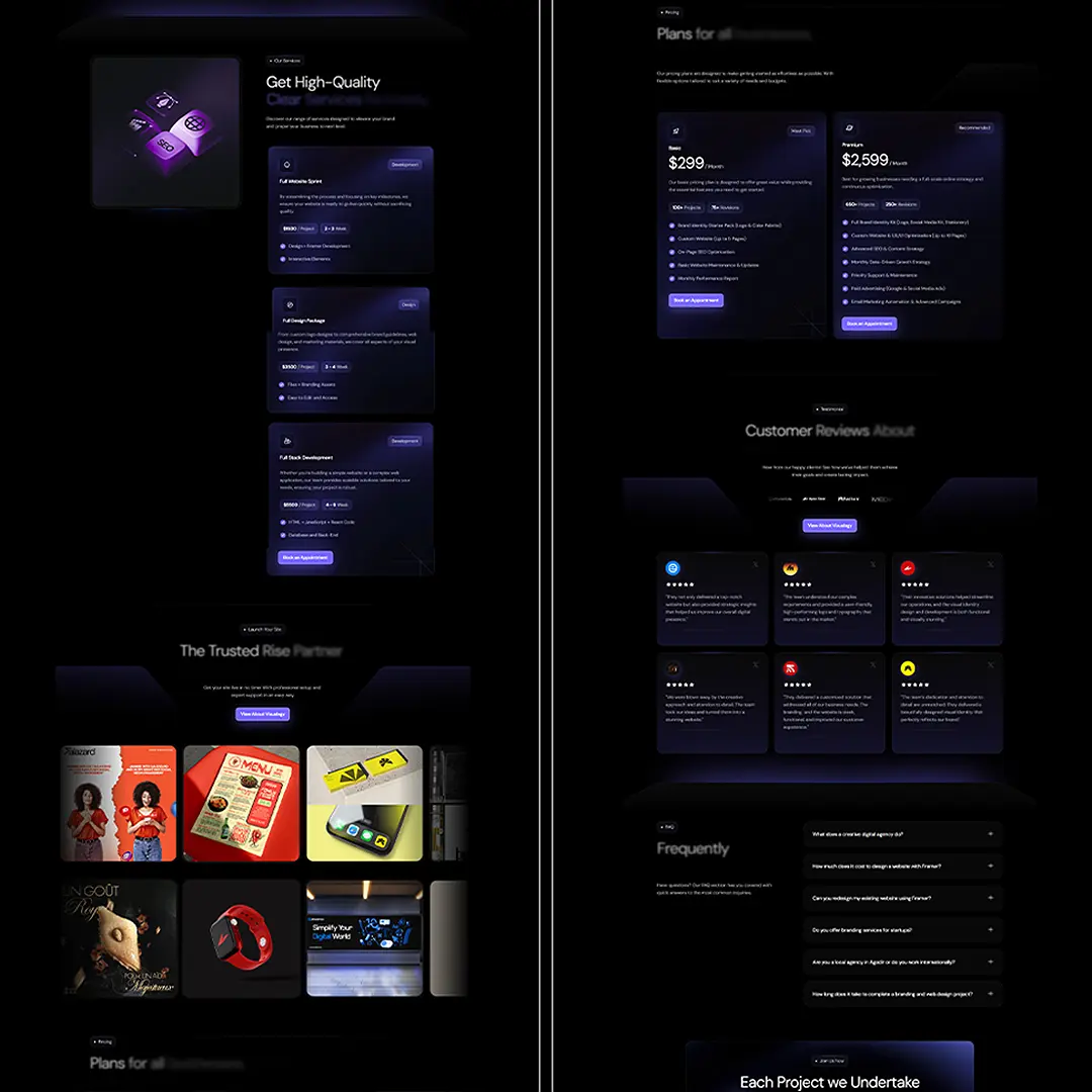 Website design showcasing pricing plans, features, testimonials, and frequently asked questions in dark theme.
